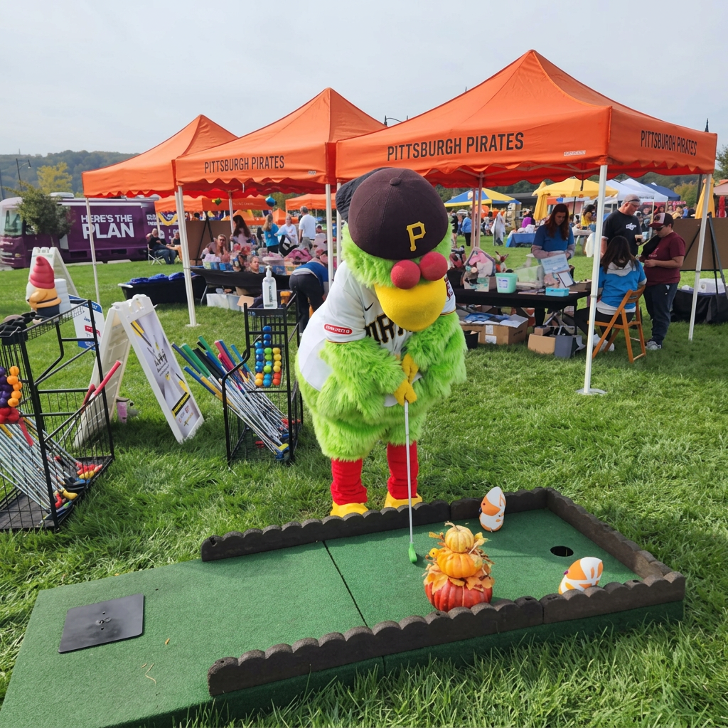 The Pittsburgh Pirates Parrot mascot putting on a Steel City mobile mini golf hole at an outdoor festival