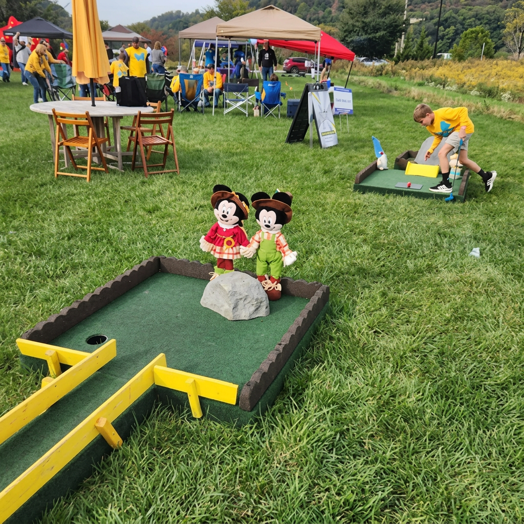 A child playing Steel City mobile mini golf at an outdoor festival